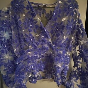 Nasty Gal Blue Floral Sheer Blouse